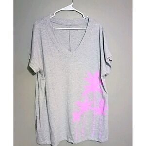 Lane Bryant Womens Plus Size 18 Gray V-Neck Short Sleeve Tee Pink Palm Graphic